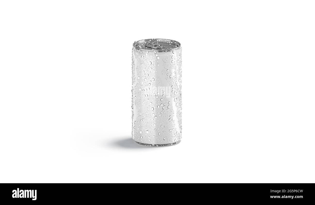 Blank weißes Aluminium schmale 280 ml Sodadose mit Tropfen Mockup, Stockfoto