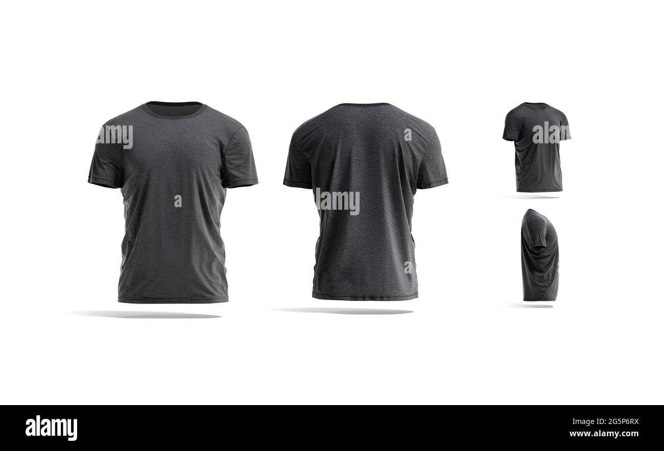 Blank schwarz zerknittert T-Shirt Mockup, verschiedene Ansichten Stockfoto