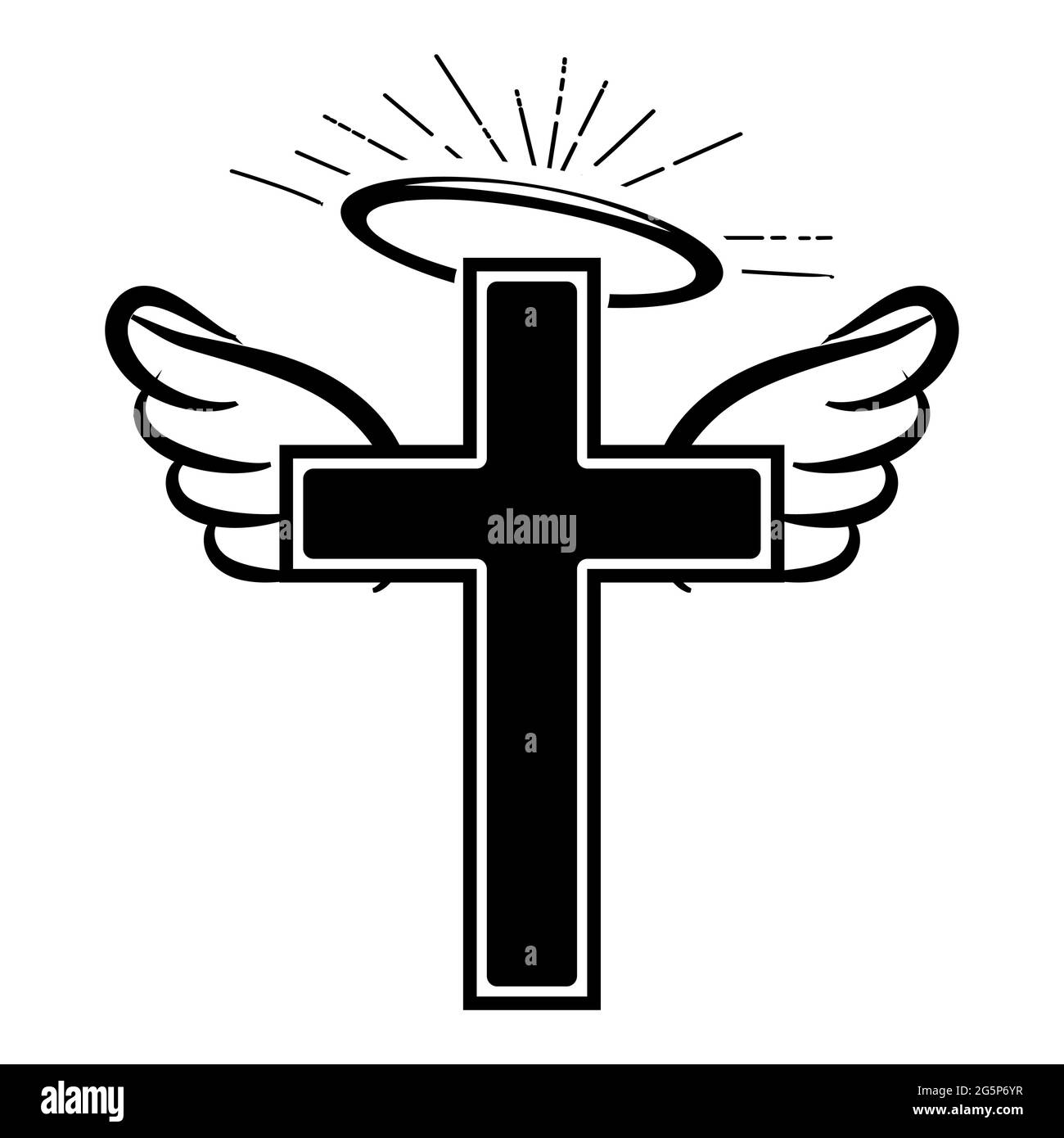 Kruzifix Kreuz mit Engelsflügeln und gloria - handgeschriebenes Vektor Design Element in Kreuzform. Christliches Tintendesign. Typografie-Poster. Tätowierung. Stock Vektor