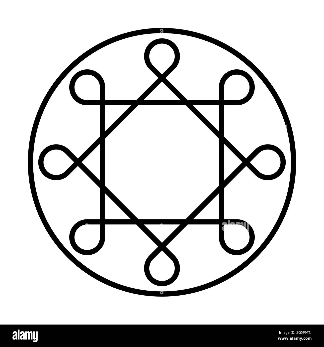 Ring von Solomon. Zwei überlappende Quadrate mit acht abgerundeten Ecken, innerhalb eines Kreisrahmens. Tausende von Jahren altes Symbol. Stockfoto