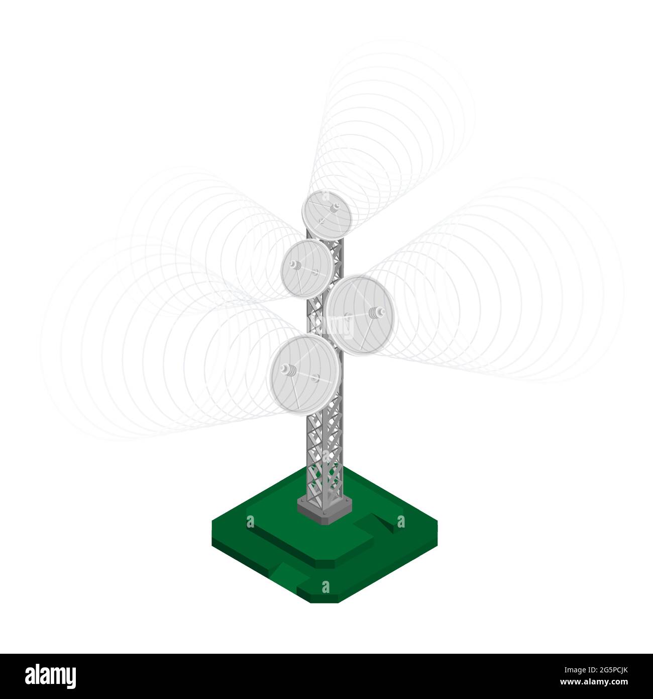 Isometrische Fernsehantenne, Turm zur Übertragung von Funksignalen. Ausrüstung für das Fernsehen. Realistischer 3d-Vektor Stock Vektor