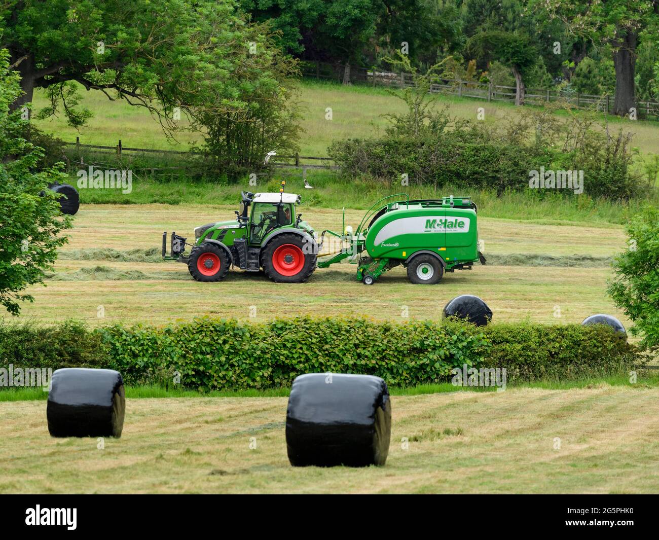 Heu- oder Silageherstellung (Landwirt im Traktor auf dem Bauernhof bei der Arbeit in ländlichen Feld ziehen Ballenpresse, sammeln trockenes Gras und runde Ballen verpackt - Yorkshire England, Großbritannien. Stockfoto