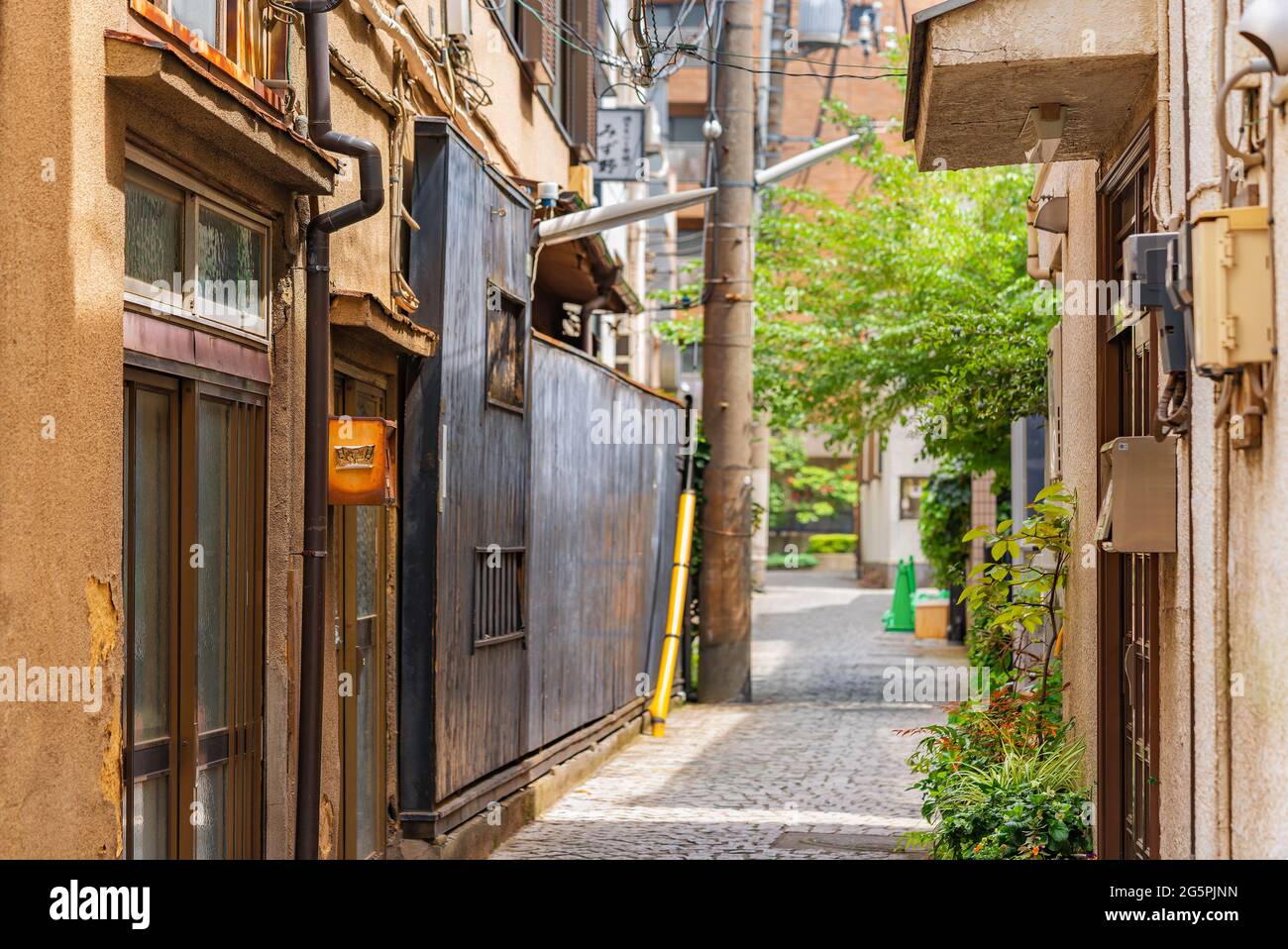 tokio, japan - 25 2021. juni: Alte Holz- und Stuckverputzfassaden der Gasse Kakurenbo yokocho, was Verstecken und Suchen in der alten Rotlichtgasse bedeutet Stockfoto