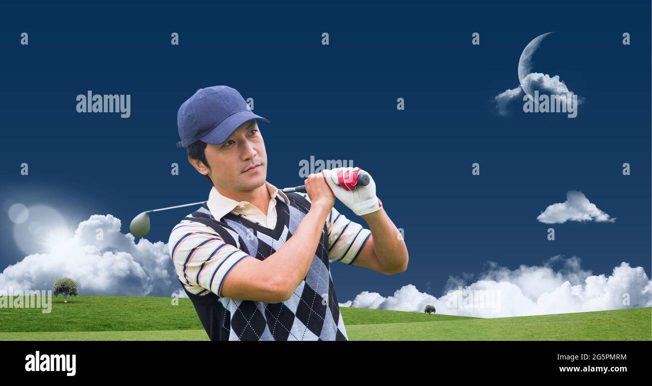 Zusammensetzung des männlichen Golfspielers mit Club im Freien Stockfoto