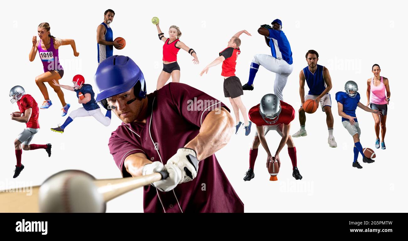 Zusammensetzung der Gruppe von Sportlern und Sportlerinnen auf weißem Hintergrund Stockfoto