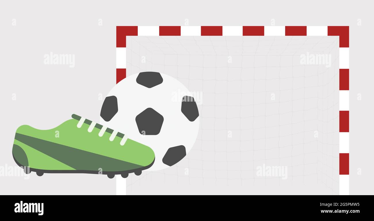 Komposition aus digitalen Schuhen, Tor- und Fußballsymbolen auf weißem Hintergrund Stockfoto