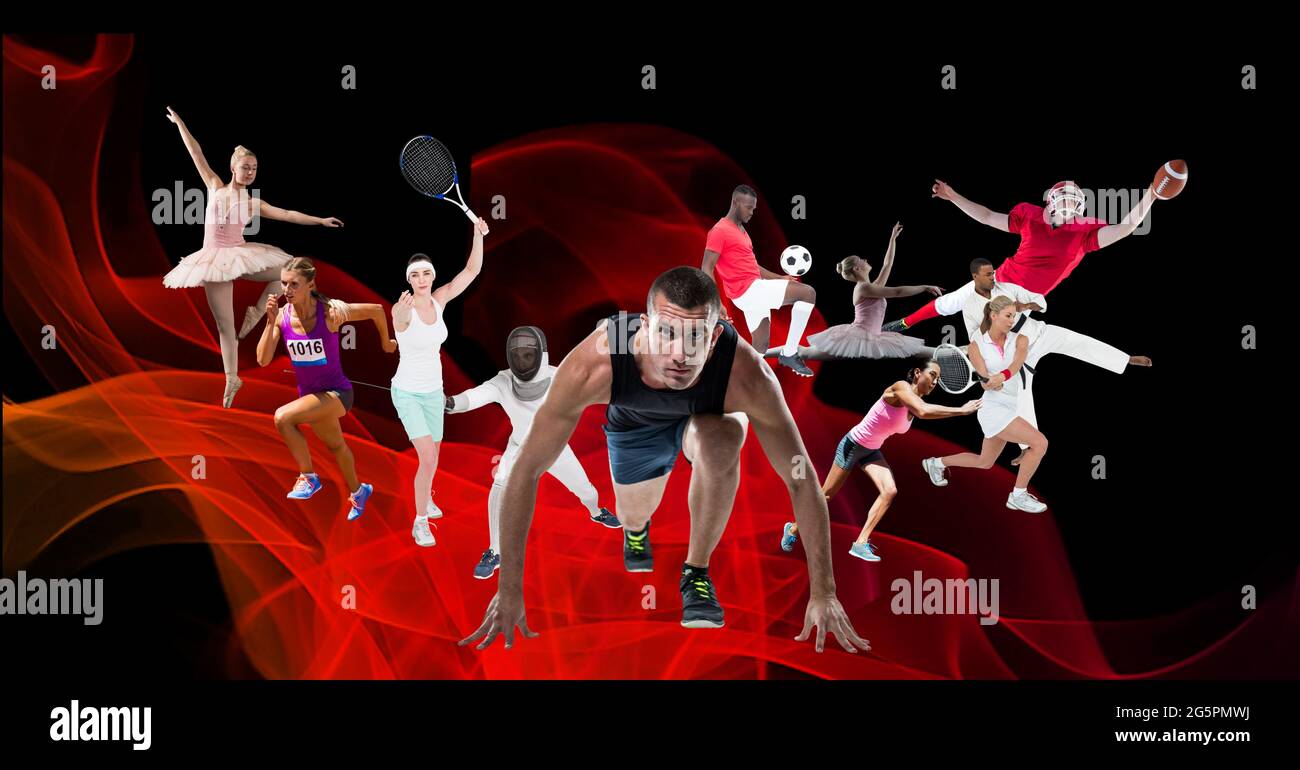 Zusammensetzung der Gruppe von Sportlern und Sportlerinnen auf schwarzem Hintergrund Stockfoto