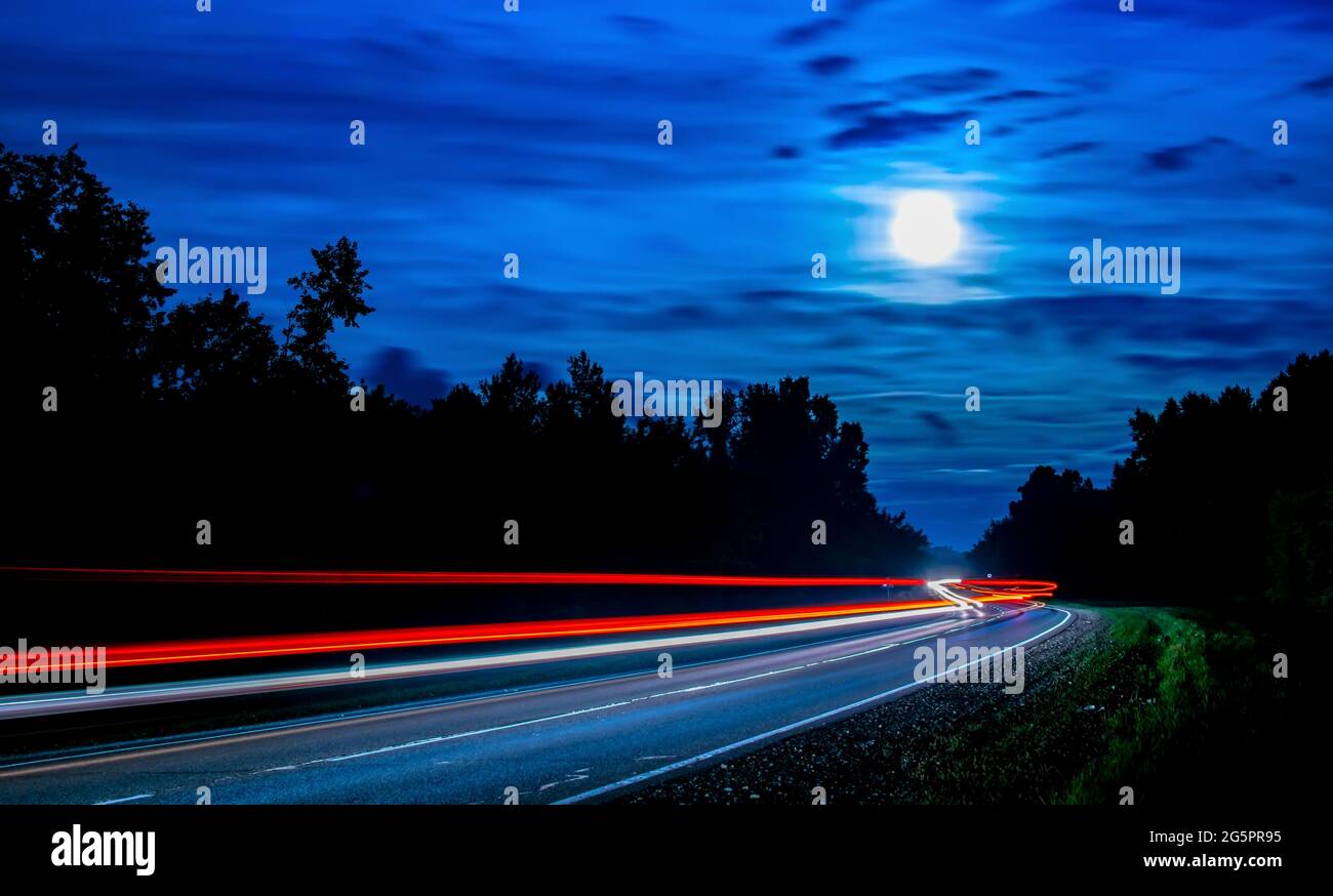 Lange Lichtlinien von Autos, die entlang des Nachtwaldes fahren Stockfoto