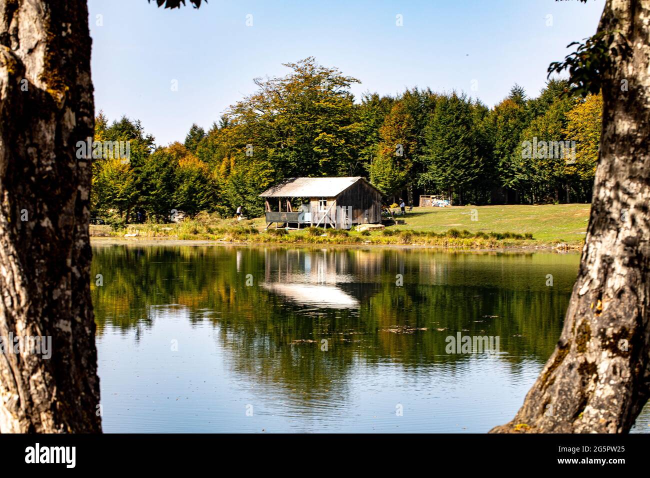 Ein hochauflösendes Bild der seltenen Naturszene, das aus der Harmonie der Natur mit der einzigartigen natürlichen Schönheit des glitzernden Sees hervorgeht Stockfoto