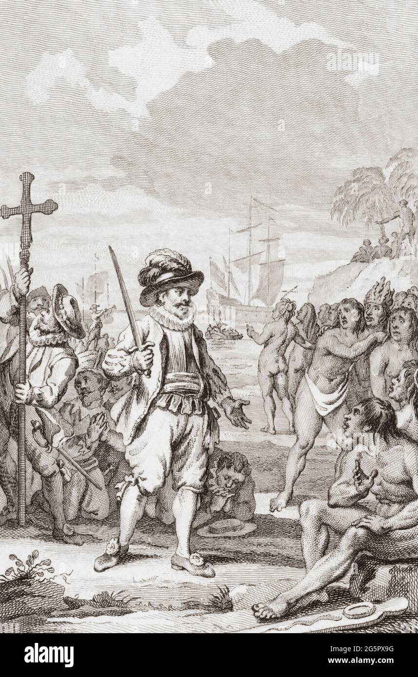 Ende des 18. Jahrhunderts Darstellung der ersten Begegnung von Christoph Kolumbus mit den indigenen Völkern der Neuen Welt. Nach einem Werk von Reinier Vinkeles aus dem Jahr 1788. Christopher Columbus, 1451 - 1506. Italienischer Entdecker und Navigator. Stockfoto