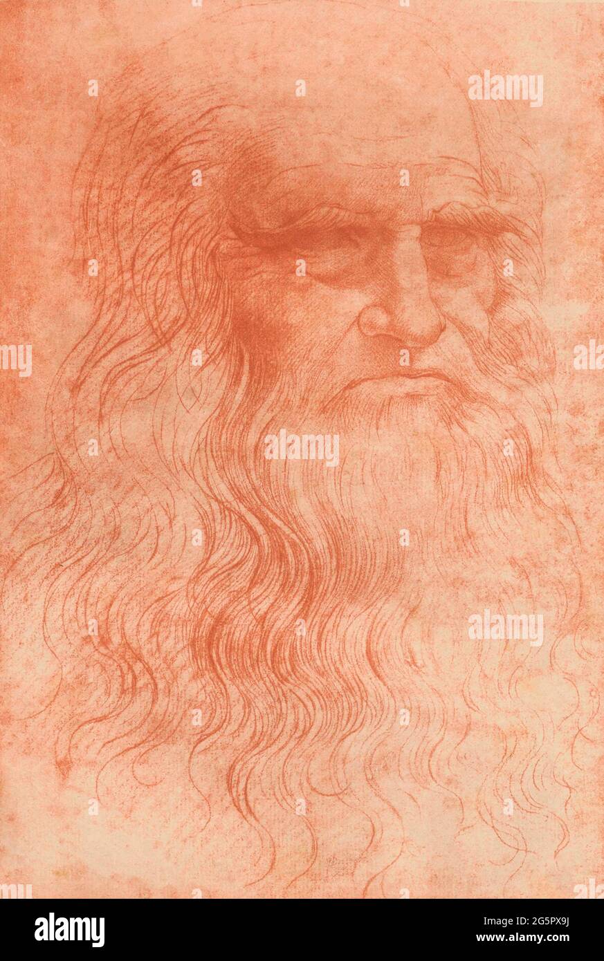 Porträt eines Mannes in der roten Kreide, nach einem Werk von Leonardo da Vinci. Es wird vermutet, dass das Bild ein Selbstporträt sein könnte. Nach einer Kopie des italienischen Fotografen Carlo Naya, 1816 - 1882. Stockfoto