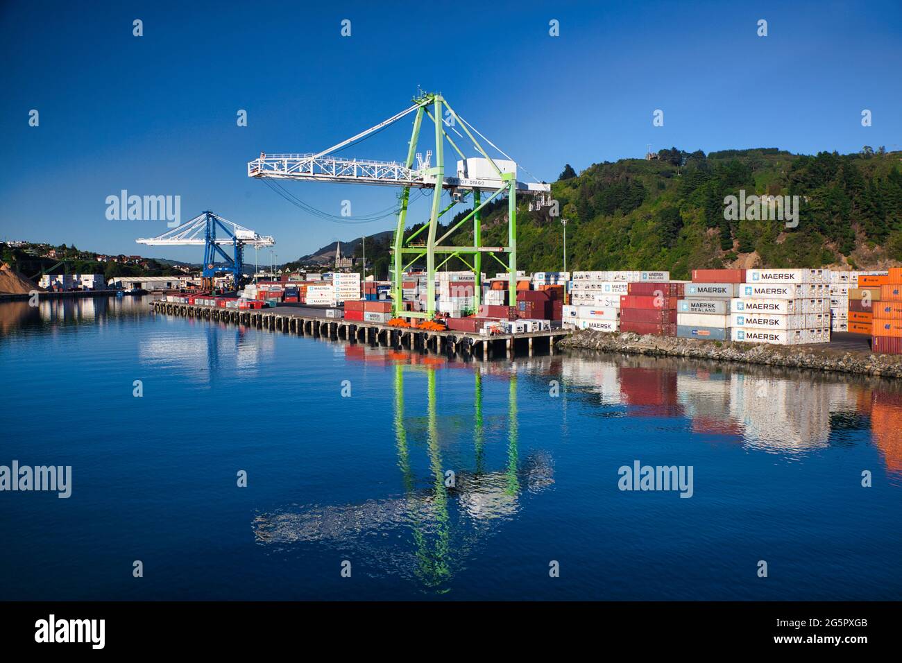 Container-Hebekrane am Kai im Hafen von Otago, Südinsel, Neuseeland mit Containern in der Nähe und blauem Himmel darüber Stockfoto