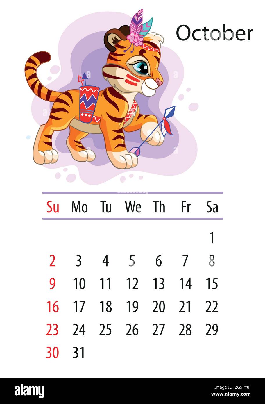 Wandkalender-Design-Vorlage für oktober 2022, Jahr des Tigers nach dem chinesischen oder östlichen Kalender. Tierischer Charakter. Vektorgrafik. Wee Stock Vektor