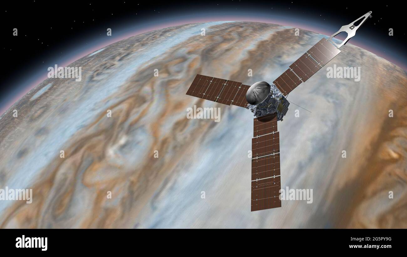 Juno ist eine NASA-Raumsonde, die den Planeten Jupiter umkreist. Jupiter Planet rotiert im Weltraum. Reisen zum Planeten Jupiter im All. Elemente von Stockfoto