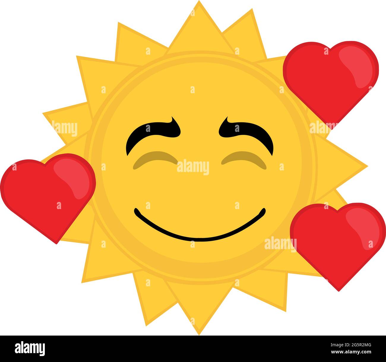 Vektor-Illustration von Cartoon-Charakter Emoticon der Sonne von Herzen umgeben Stock Vektor