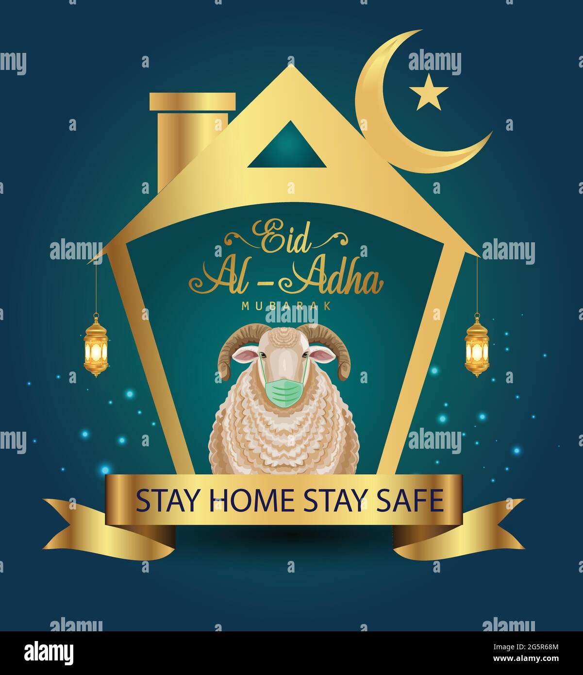 Der islamische Feiertag Eid Al Adha Mubarak mit Schafen, die eine medizinische Maske tragen. Design for Islam Festival Kurban Bayram Card or Poster. corona Virus covid-19 konz Stock Vektor