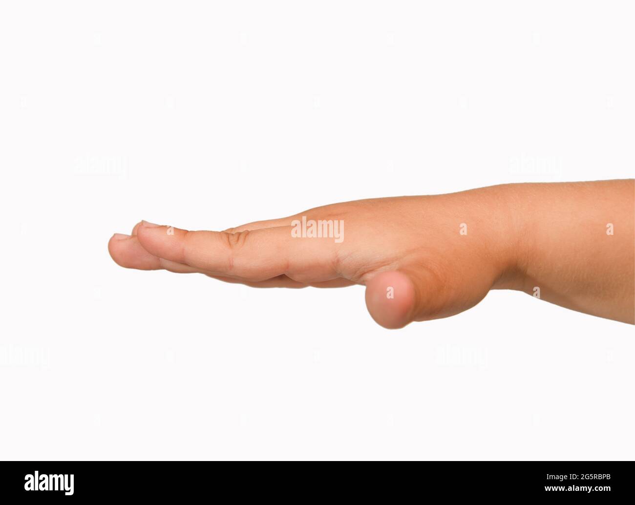 Kinderhand mit flacher Handbewegung, isoliert, Nahaufnahme. Stockfoto