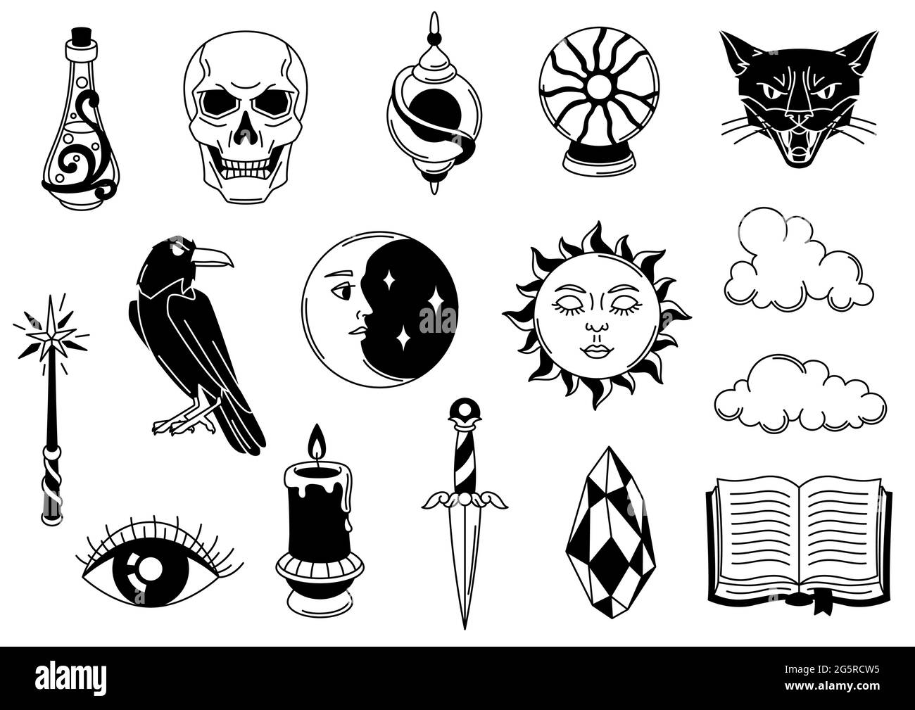 Magische Set von Geheimnisgegenständen. Mystische, Alchemie, Spiritualität Symbole. Stock Vektor