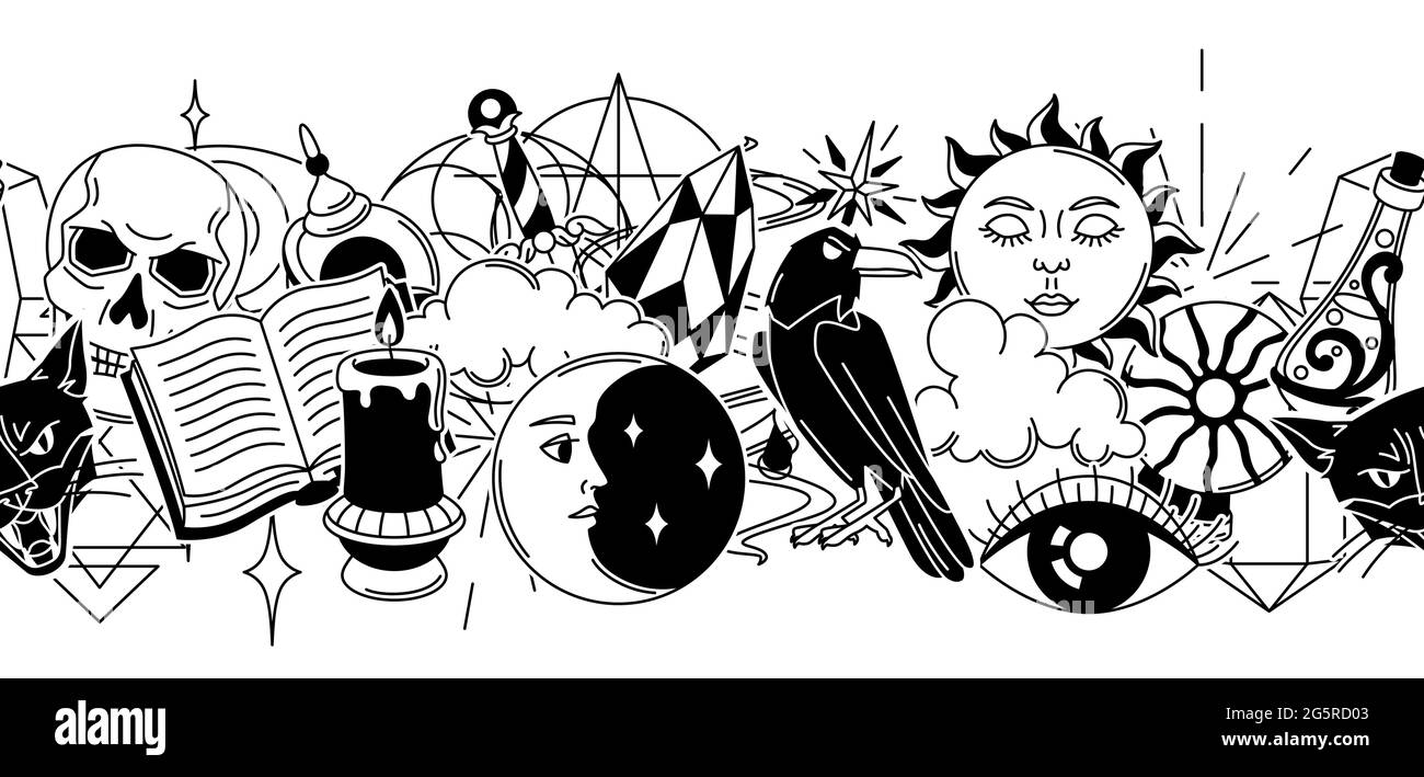 Magisches nahtloses Muster mit Geheimnisgegenständen. Mystische, Alchemie, Spiritualität Symbole. Stock Vektor