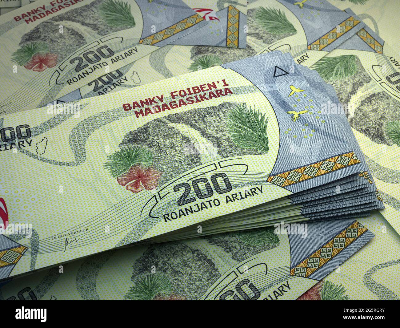 Das Geld Madagaskars. Madagassische Ariary Bills. MGA-Banknoten. 200 ariär. Handel, Finanzen, Nachrichten Hintergrund. Stockfoto