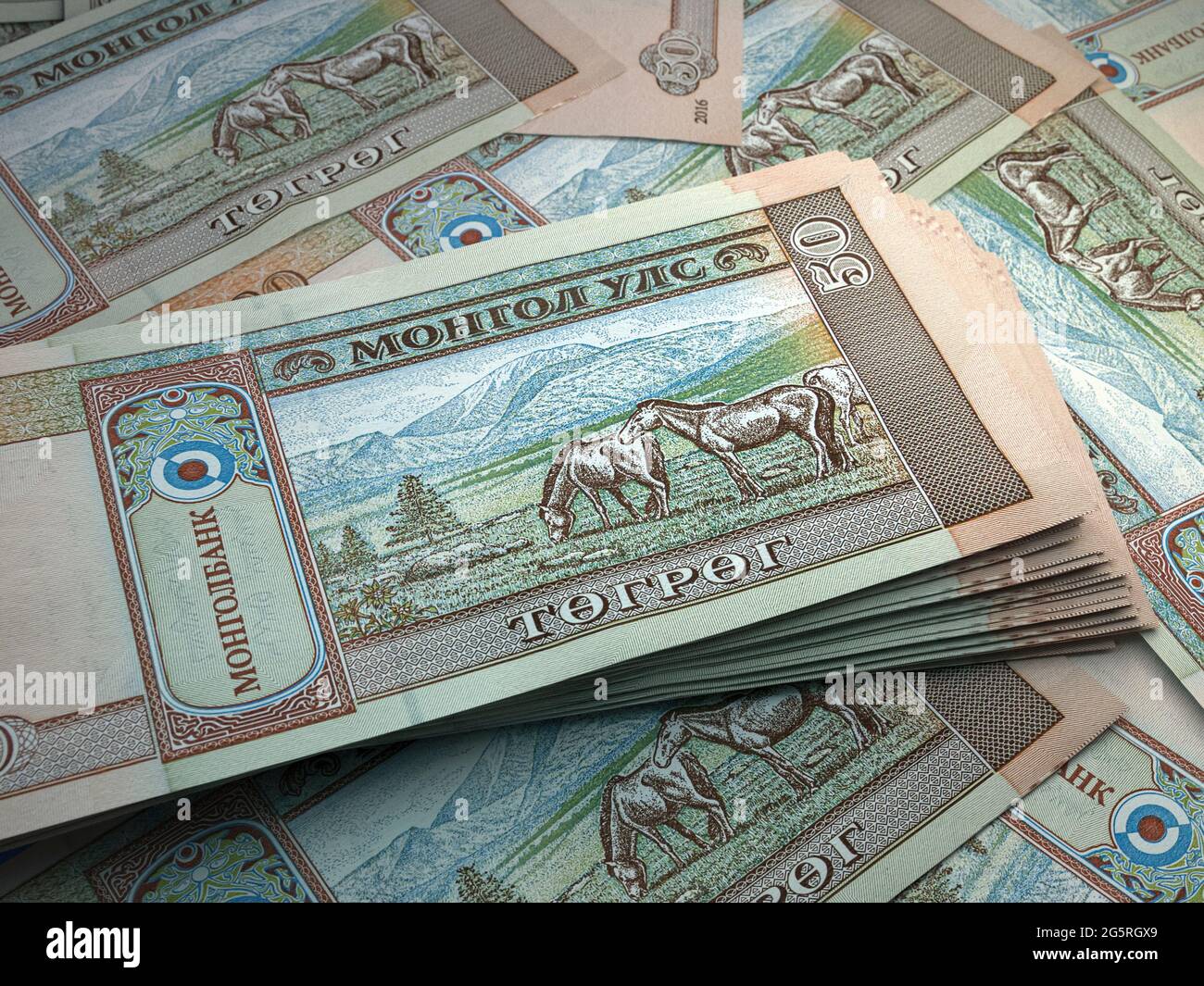 Geld der Mongolei. Mongolische Tugrik-Scheine. MNT-Banknoten. 50 Togrog. Handel, Finanzen, Nachrichten Hintergrund. Stockfoto