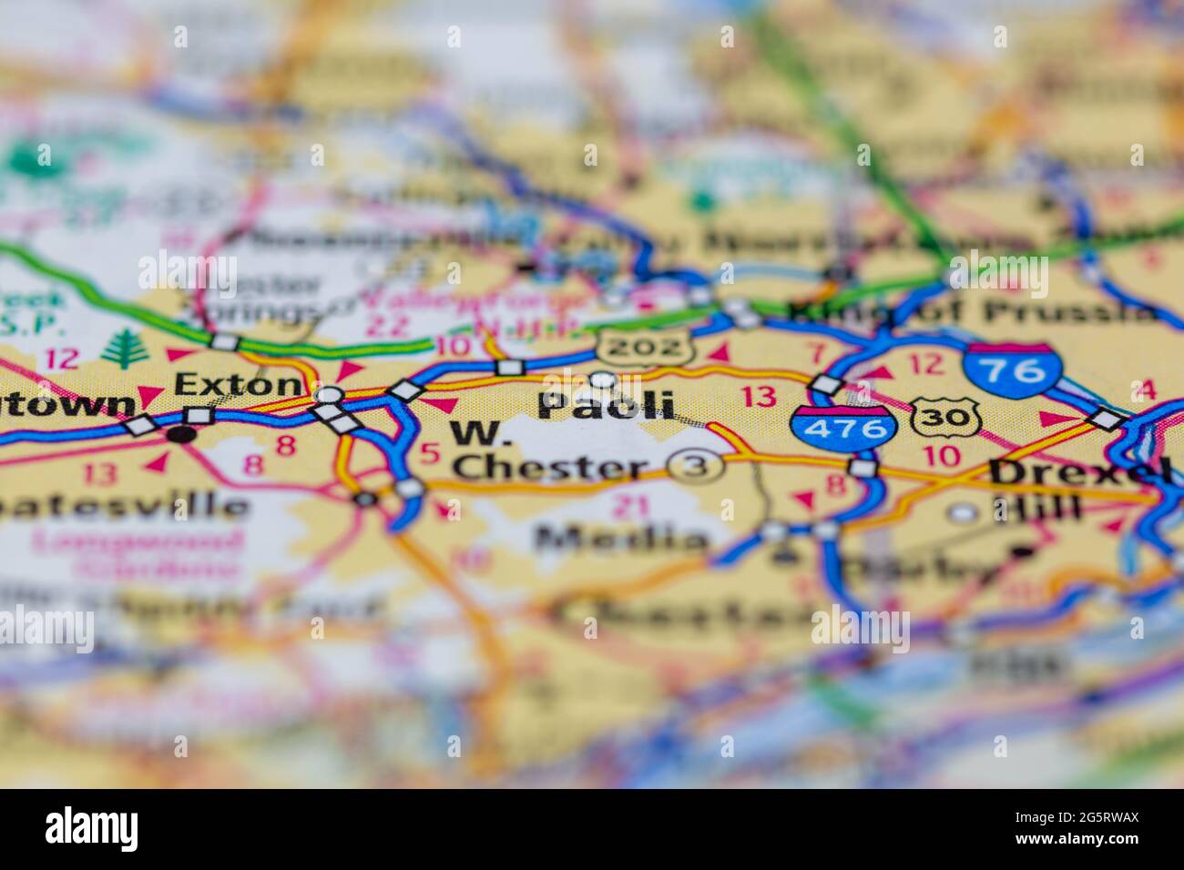 Paoli Pennsylvania USA auf einer Geografie- oder Straßenkarte angezeigt Stockfoto