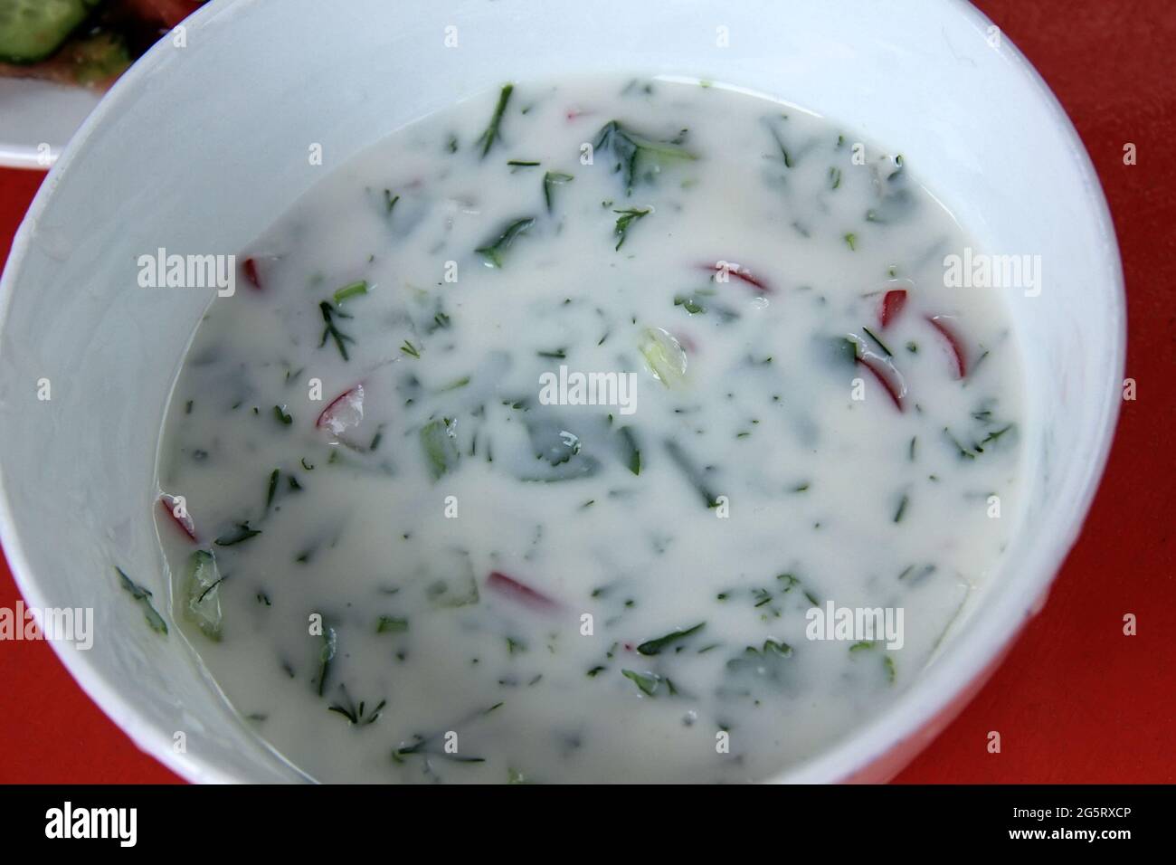 Salat aus saurer Milch und Kefir mit Kräutern Dill und Petersilie und ...