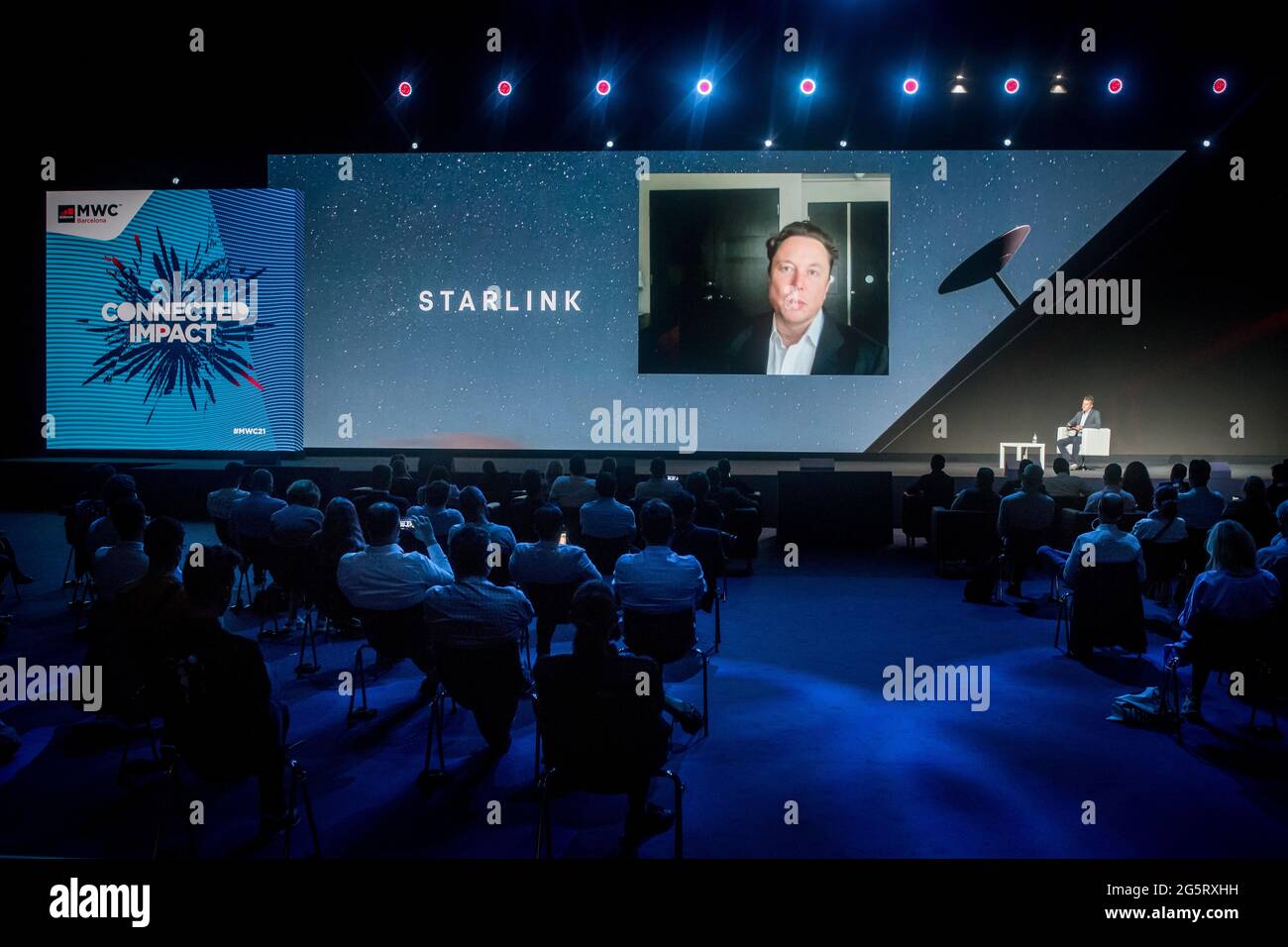 29. Juni 2021, Barcelona, Spanien: Tesla und SpaceX-Gründer, ELON MUSK, halten eine Videokonferenz auf dem Mobile World Congress 2021 in Barcelona ab. Der Mobile World Congress ist zurück, nachdem die vorherige Ausgabe aufgrund der Coronavirus-Pandemie abgesagen wurde.Quelle: Jordi Boixareu/Alamy Live News Stockfoto