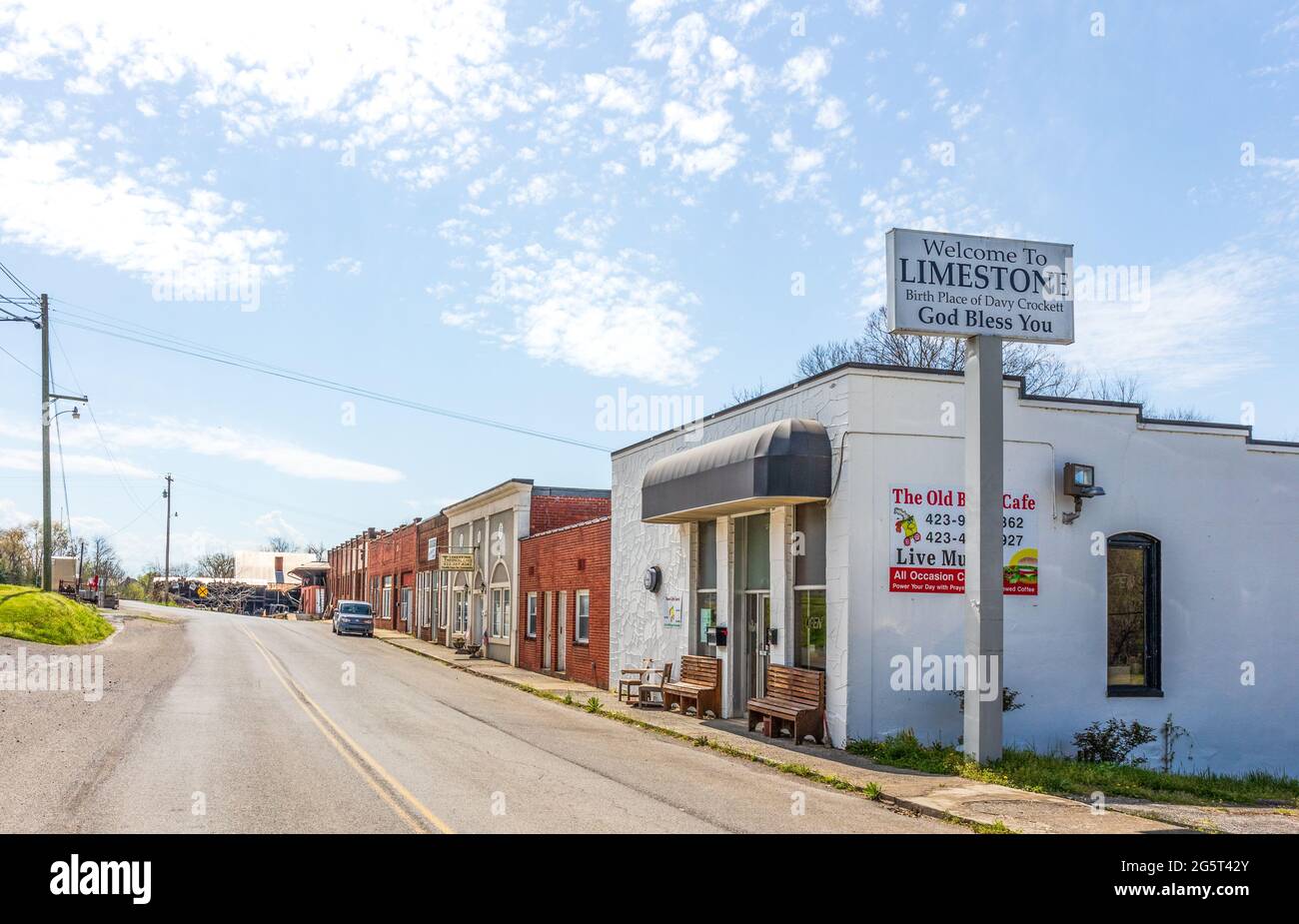 KALKSTEIN, TN, USA--9 APRIL 2021: Die kleine Kalksteingemeinde im Nordosten von Tennessee kann behaupten, der Geburtsort von David Crockett zu sein. Stockfoto