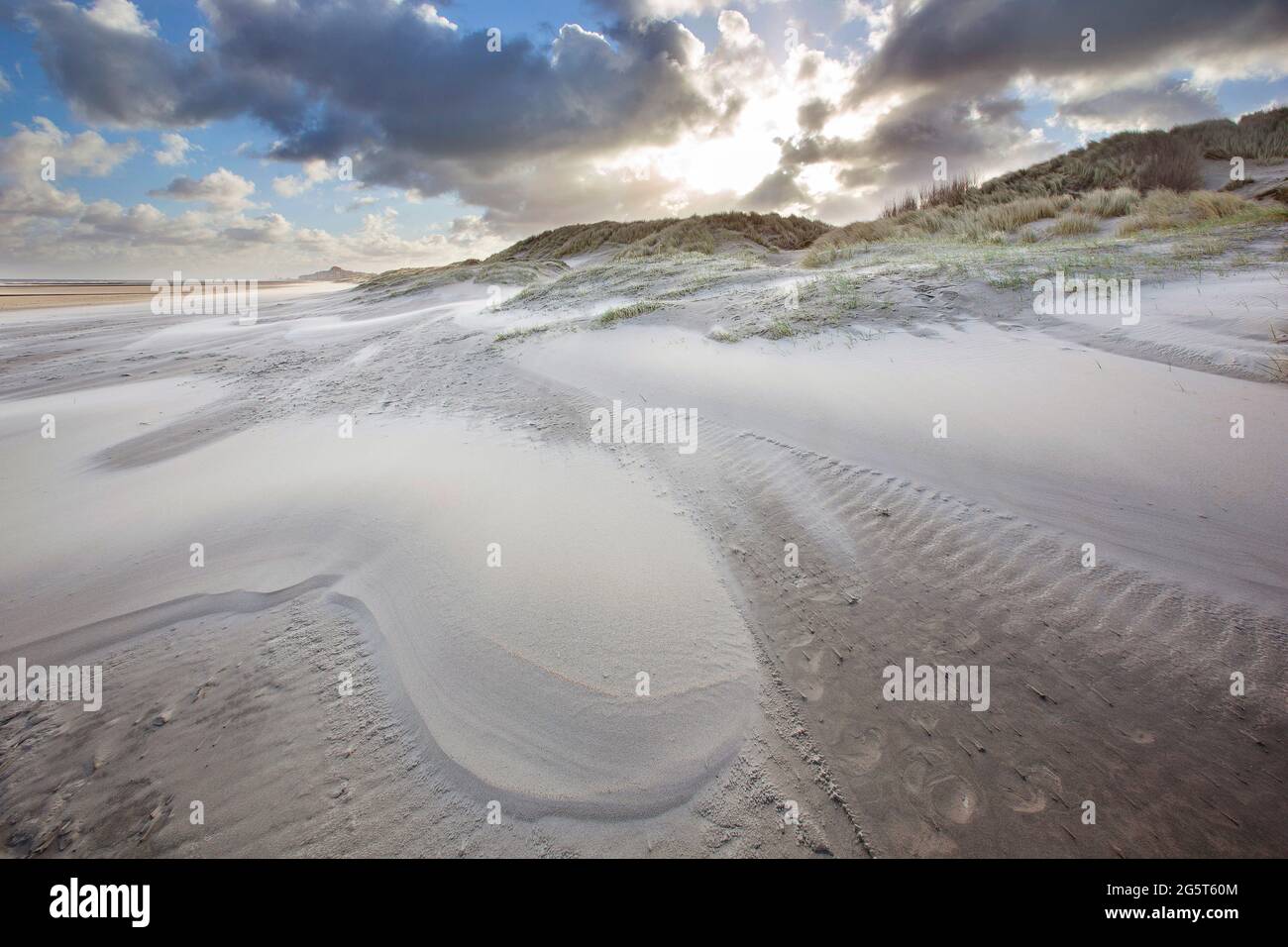 Sandsturm in den Sint-Laurinsduinen, Belgien, Westflandern, Middelkerke, Sint-Laurinsduinen Stockfoto
