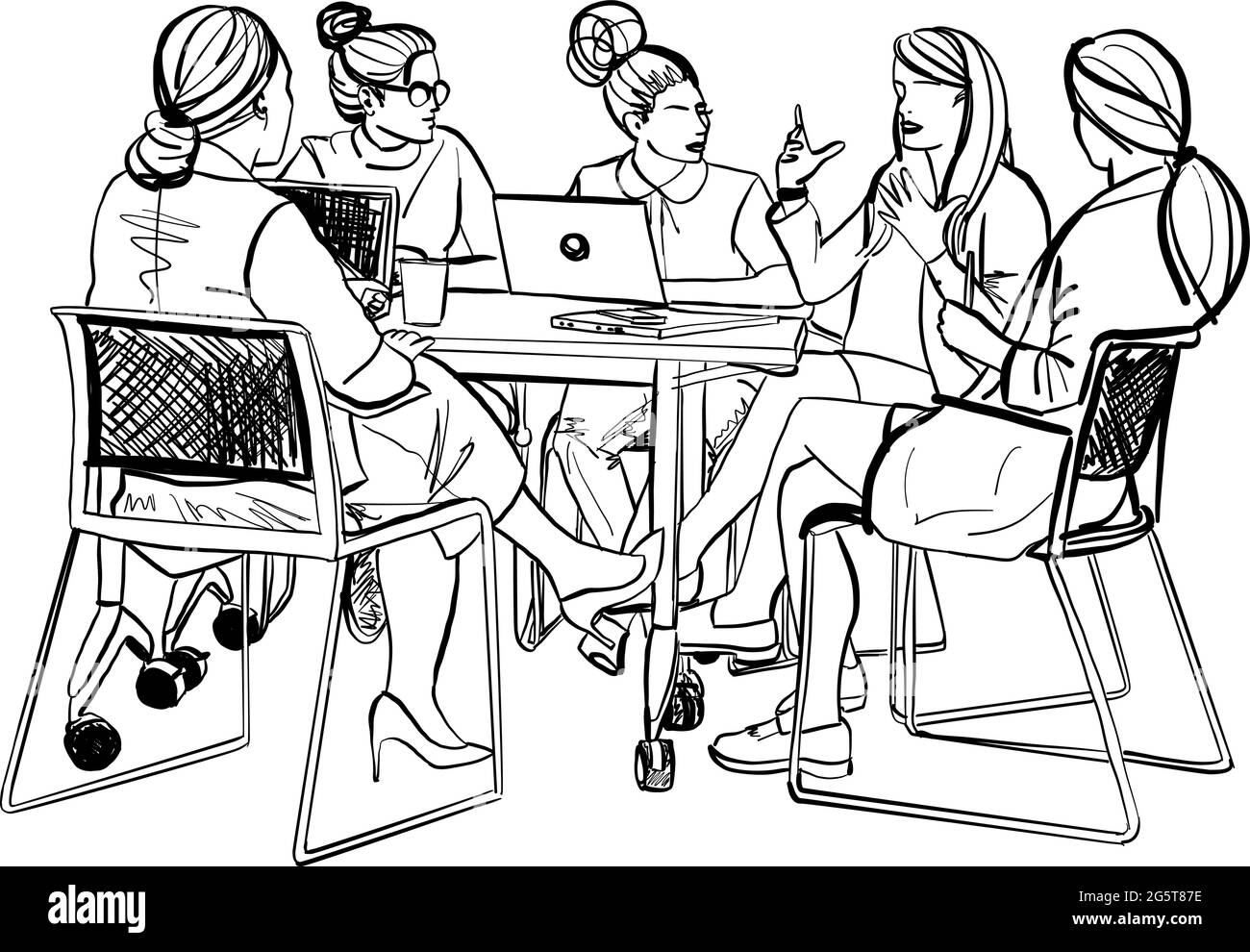 Weibliche Kreative in einem Besprechungsraum hören ihren Kollegen zu, die eine informelle Präsentation halten. Vektorgrafik Stock Vektor
