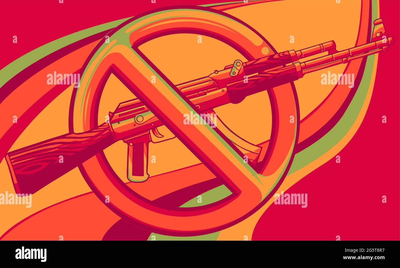Silhouette des Sturmgewehrs mit Schild darüber - Waffenverbot. Stock Vektor
