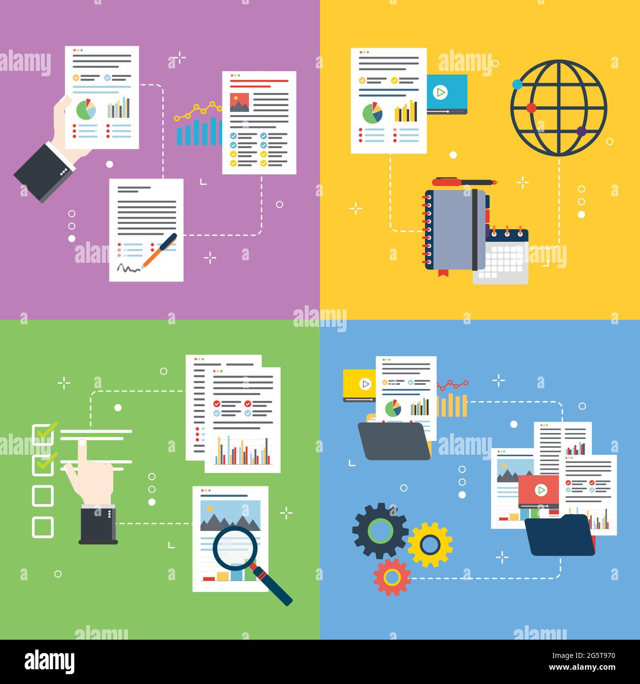 Symbole für Unternehmen, Papierkram, Verwaltung, Berichte und Organisation. Konzepte der geschäftlichen Unterlagen, Management-Bericht, Papierkram Organisation, Datei Organ Stock Vektor