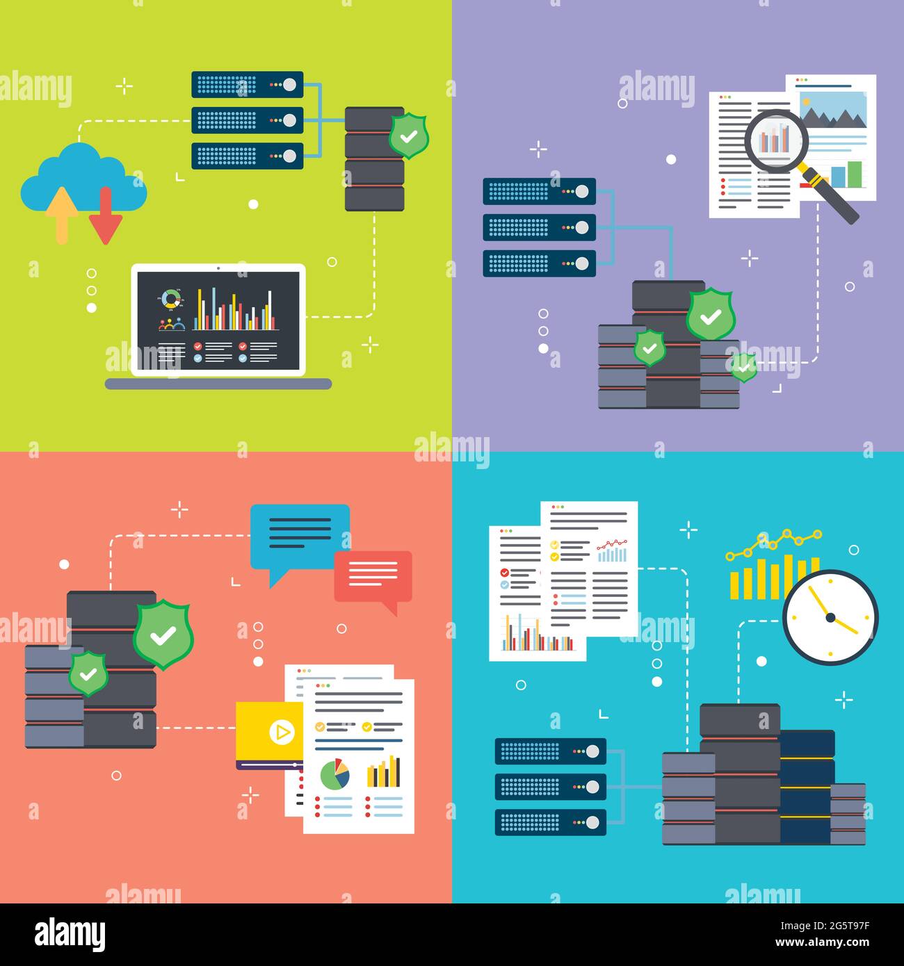 Symbole für Cloud-Computing, Mining, Server, Datenbank und Daten. Konzepte von Cloud Computing, Data Mining, Serverdatenbank und Rechenzentrum. Flache Designsymbole Stock Vektor