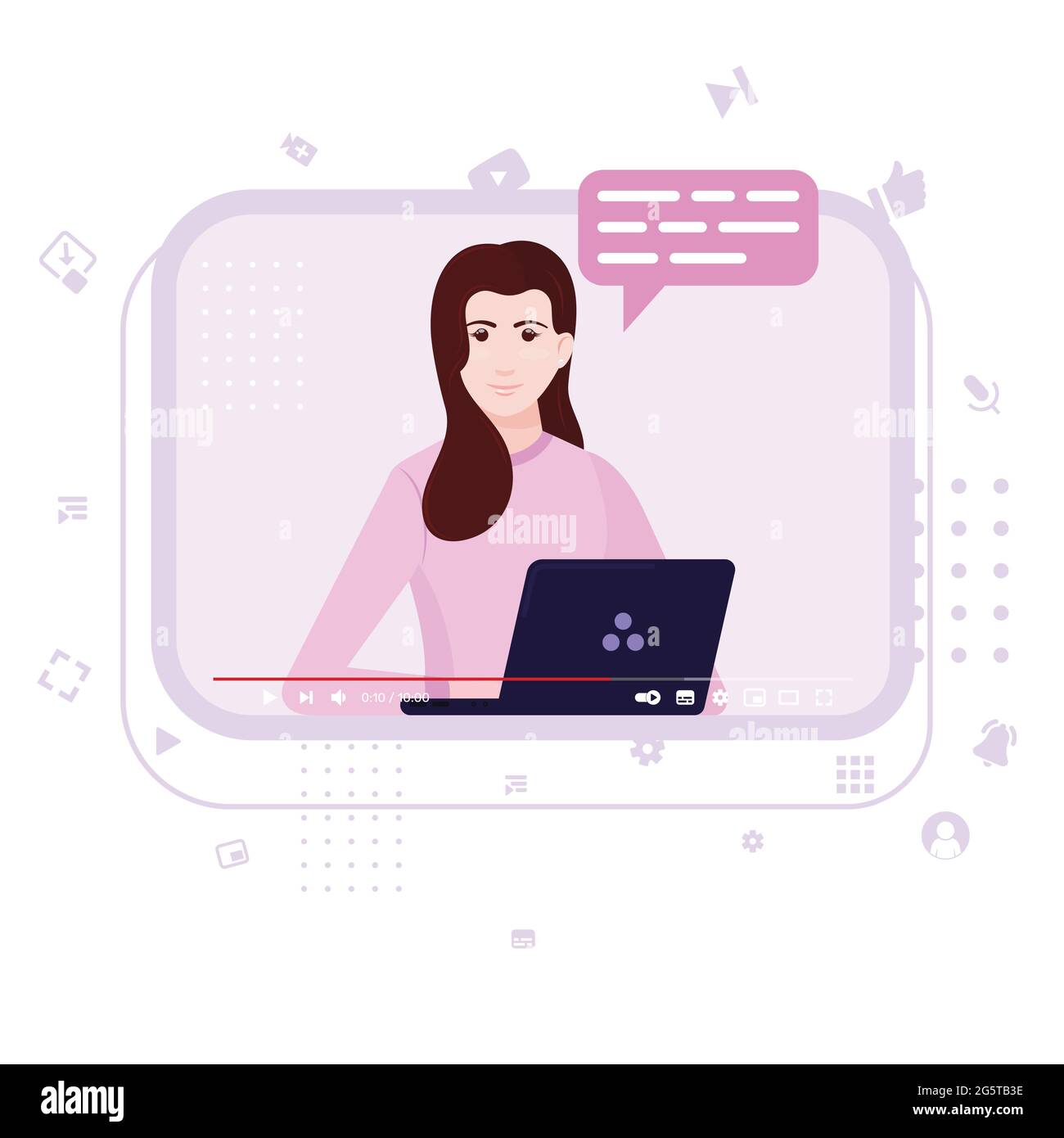 Vektor-Design von Video-Tutorial, Online-Video-Wiedergabe, Kommunikator im Online-Kurs, Video-Website-Schnittstelle mit weiblichen Influencer mit ihrem Laptop Stock Vektor