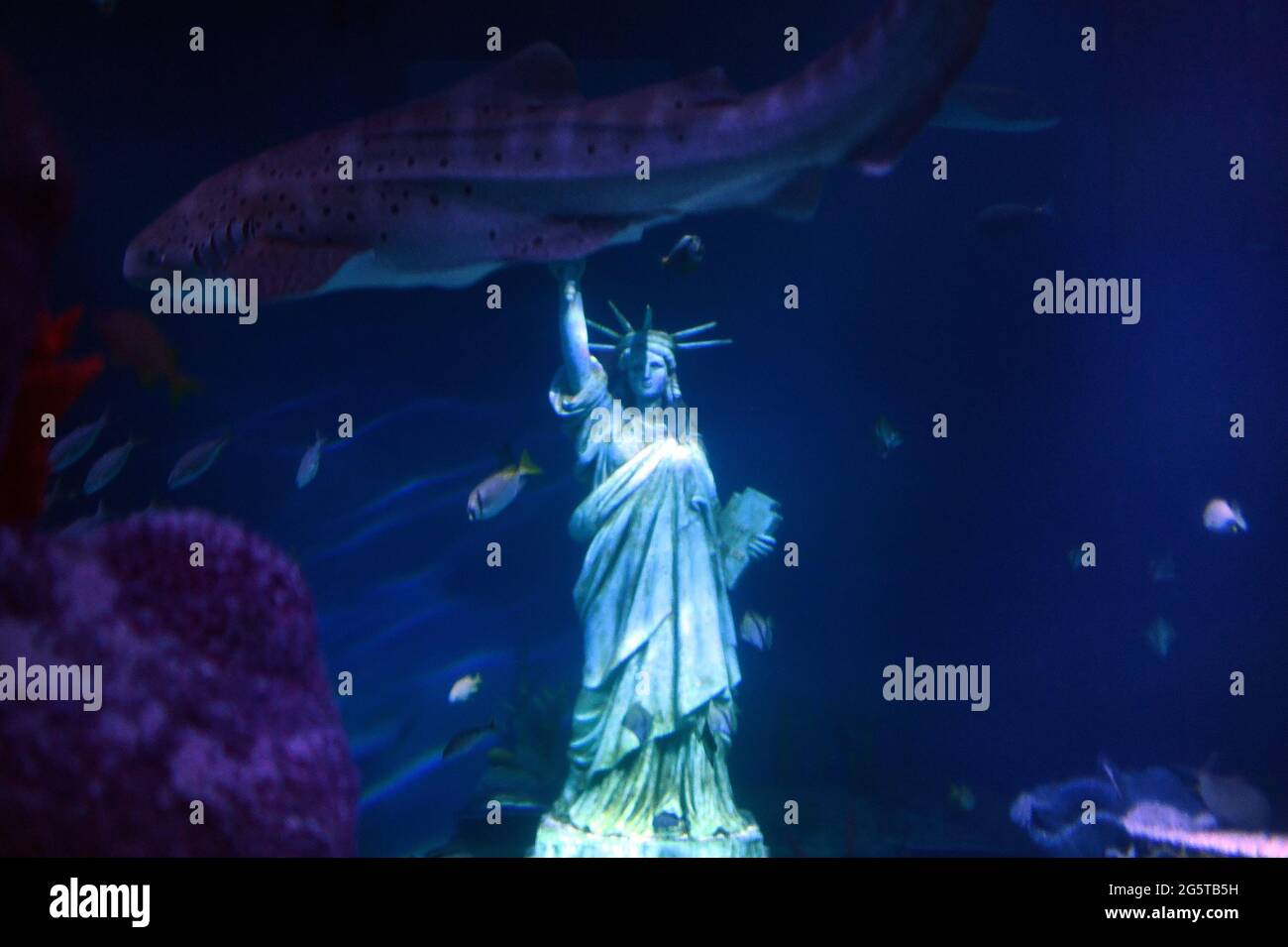 East Rutherford, USA. Juni 2021. Ein gestreifter Hai schwimmt an einer unter Wasser liegenden Nachbildung der Freiheitsstatue in einem Salzwassertank im Sea Life Aquarium in der American Dream Entertainment Mall, Teil des Meadowlands Sports Complex, in Rutherford, NJ, 29. Juni 2021. Sea Life Aquarium und Lego Center liegen nebeneinander. (Foto von Anthony Behar/Sipa USA) Quelle: SIPA USA/Alamy Live News Stockfoto