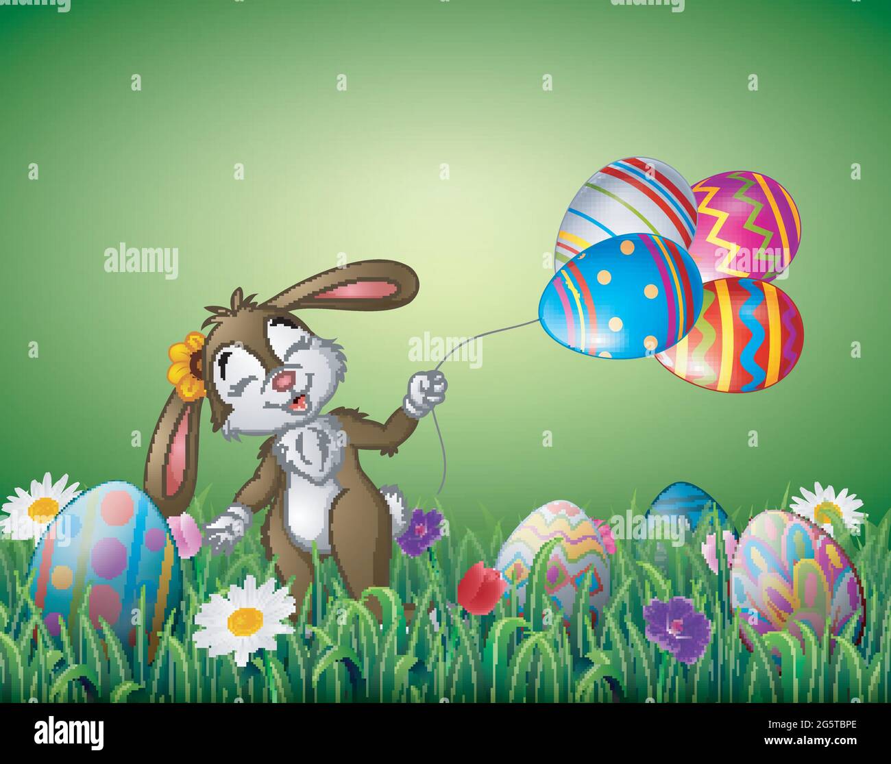 Süßes osterhasen, das einen Ostereiballon auf einem Feld hält Stock Vektor