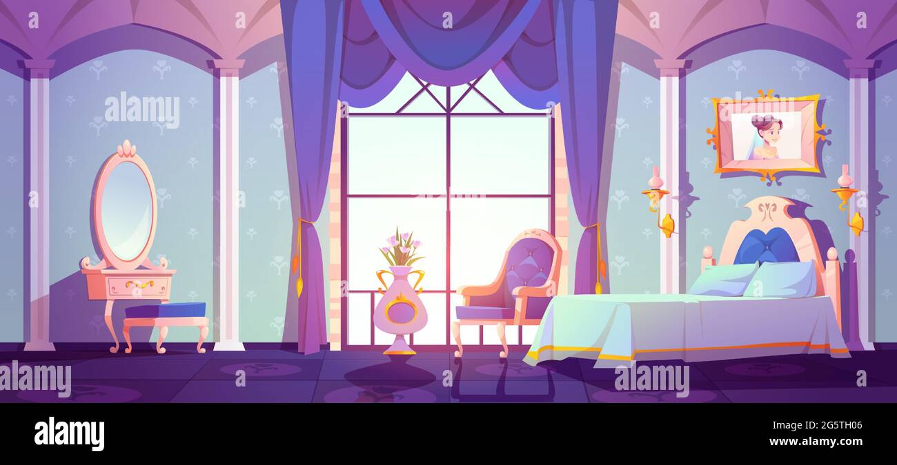 Prinzessin Royal Schlafzimmer, Vintage-Zimmer mit eleganten Retro-Möbeln, Bett, Schrank, Blumenmuster Tapete Dekor. Cartoon-Vektorgrafik Stock Vektor