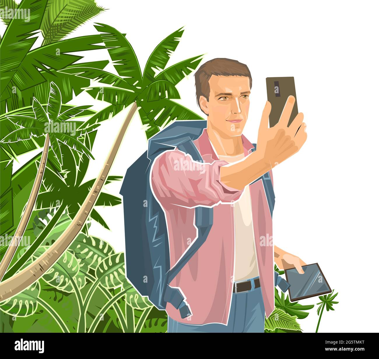 Selfie. Netter Junge Tourist mit Smartphone und Tablet. Rucksack. Vor dem Hintergrund der Landschaft. Tropische Palmen. Ein Mann auf einer Reise. Flacher Style. Stock Vektor