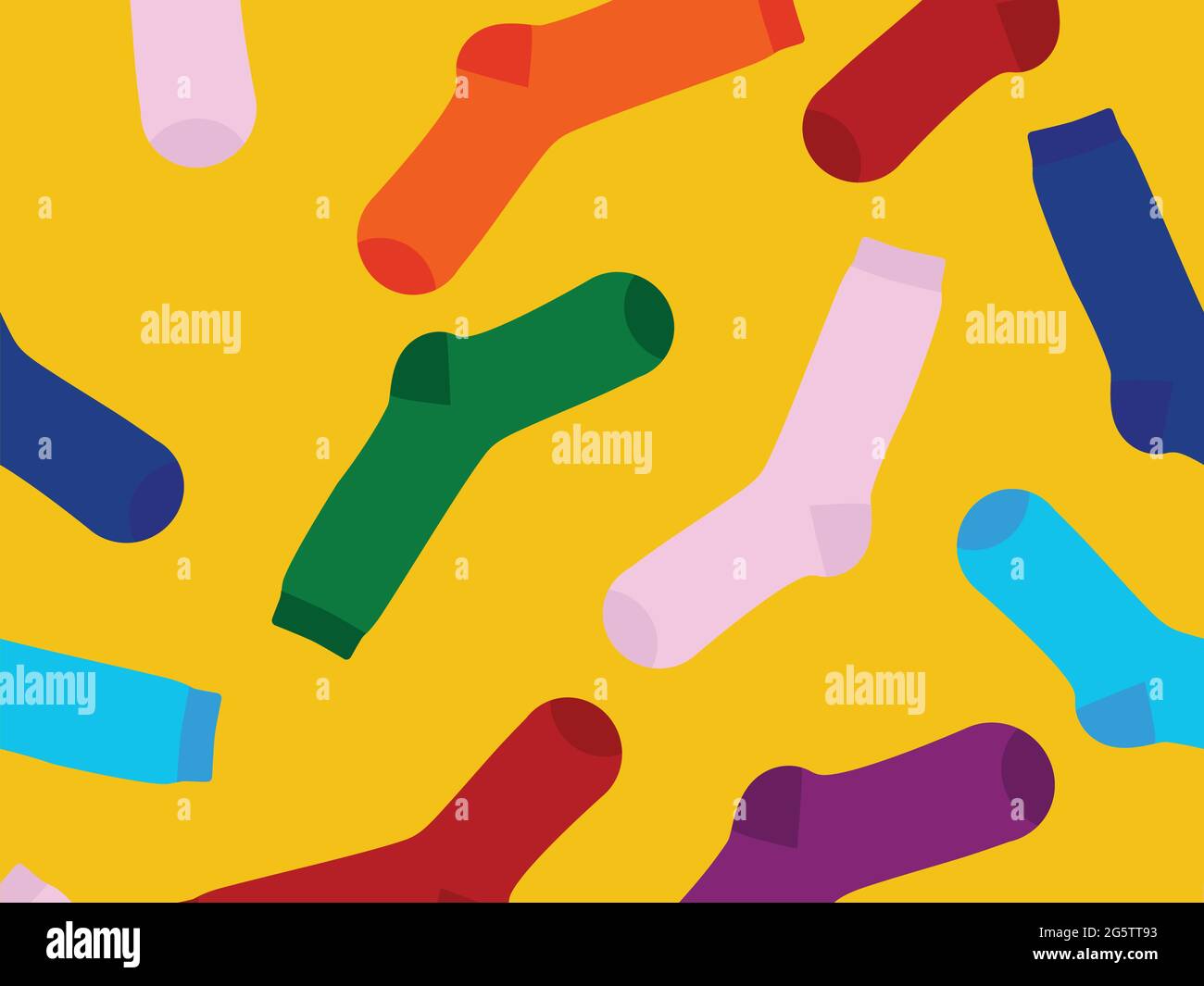 Mehrfarbige Socken auf gelbem Hintergrund. Blick von oben. Viele verschiedene Socken für die kalte Jahreszeit. Socken sind auf einem hellen Hintergrund verstreut. Stock Vektor