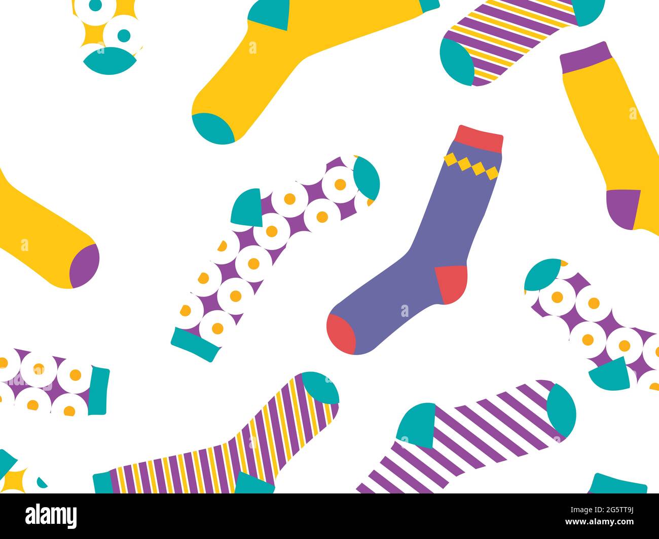 Mehrfarbige Socken auf weißem Hintergrund, Muster. Blick von oben. Viele verschiedene Socken für die kalte Jahreszeit. Socken sind auf einem hellen Hintergrund verstreut Stock Vektor