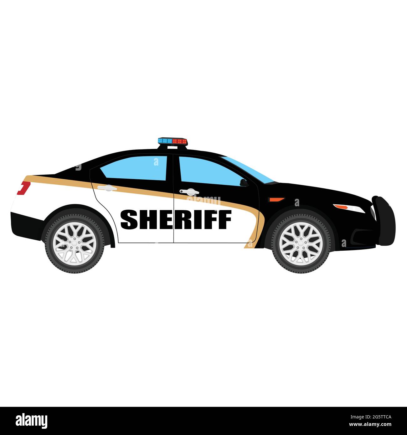 Vector Illustration. Polizei Auto Seitenansicht auf weißem Hintergrund. Polizei Verkehr. Sheriff Auto Stock Vektor