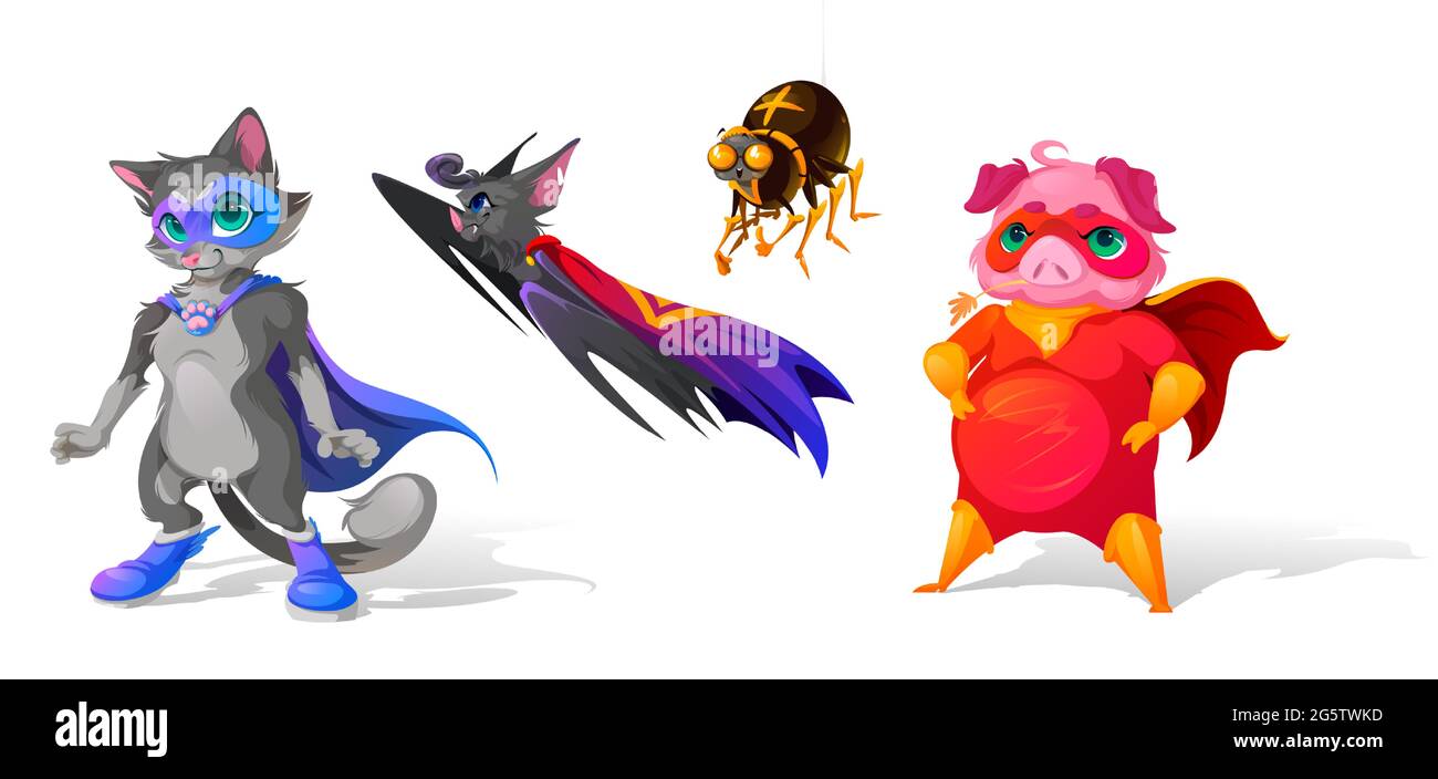 Superhelden Tiere Comic-Figuren. Lustige Katze in blauer Maske und Pfotenschnalle am Cape, Fledermaus mit erhobenem Arm, Spinne und fette Schwein tragen roten Mantel. Comic Maskottchen für Kinder T-Design, Vektor-Illustration, Set Stock Vektor