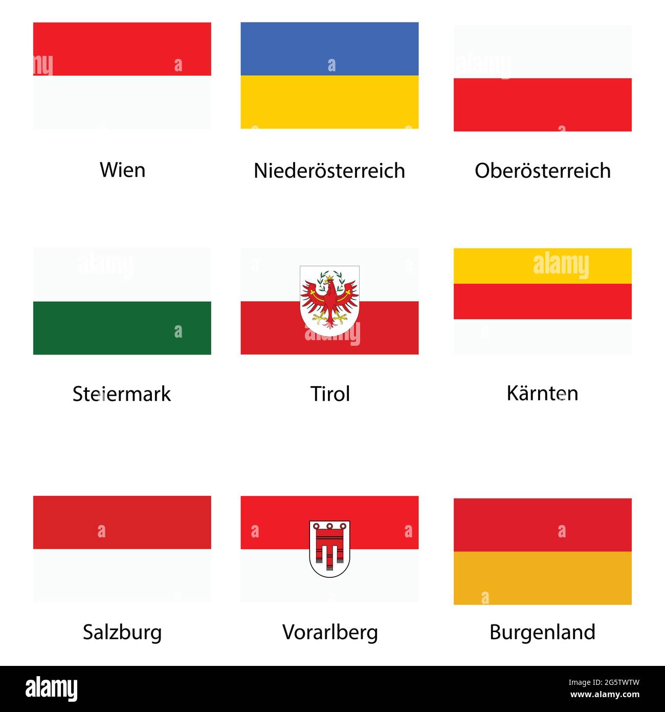 Vektor Icon Set, Sammlung Österreich Bundesländer Fahnen. Burgenland, Vorarlberg, Salzburg