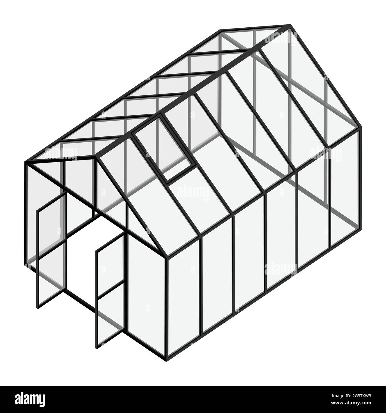 Leeres Gewächshaus mit geöffneter Tür und geschlossenem Fenster, isometrische Ansicht isoliert auf weißem Hintergrund. Glashaus. Stock Vektor