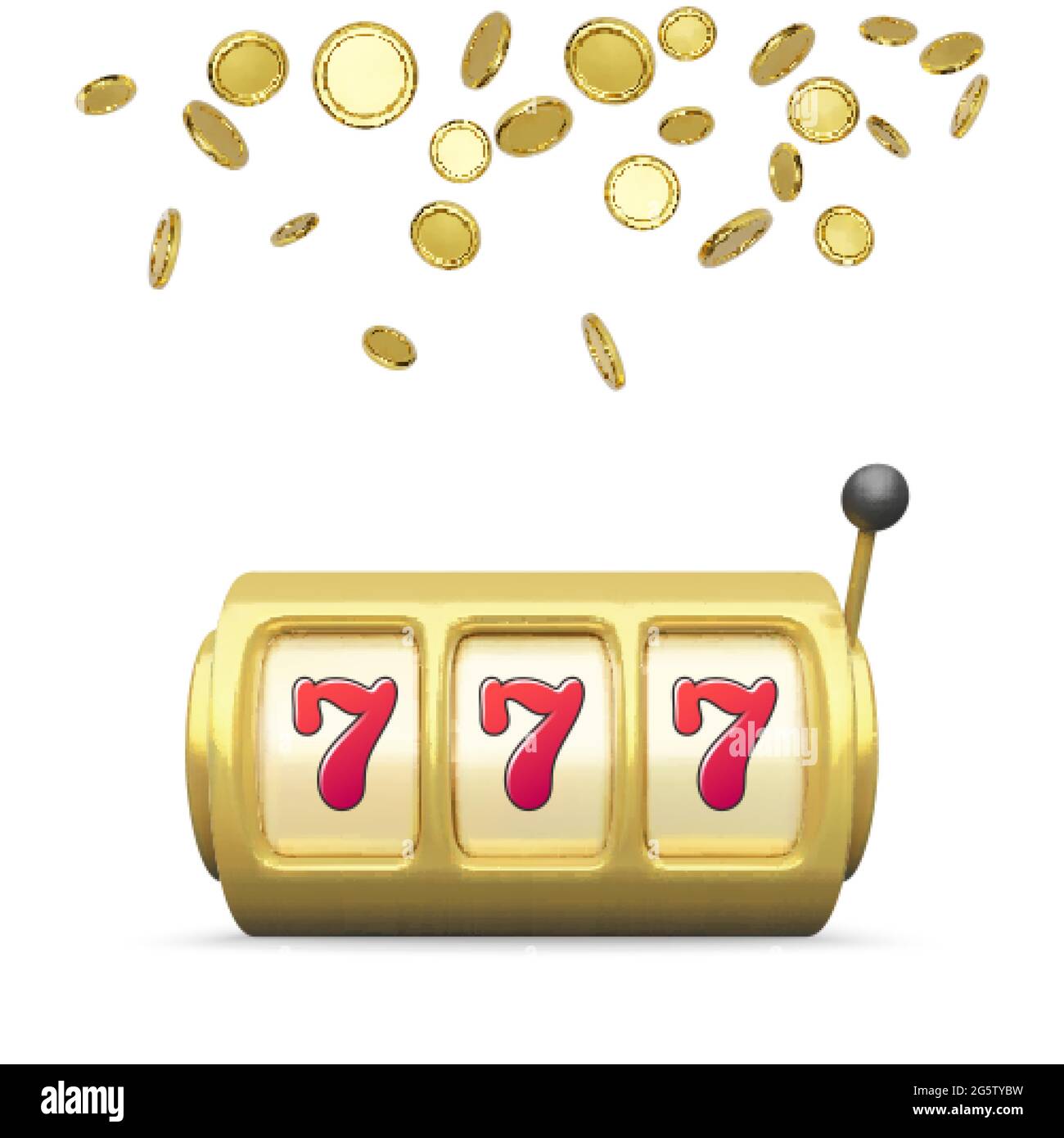 Golden Spielautomat realistische Rendering. Großer Gewinn beim Jackpot-Casino-Gewinn. 777 auf Spielautomaten Räder und Münzen regen auf Hintergrund. Vektorgrafik isol Stock Vektor