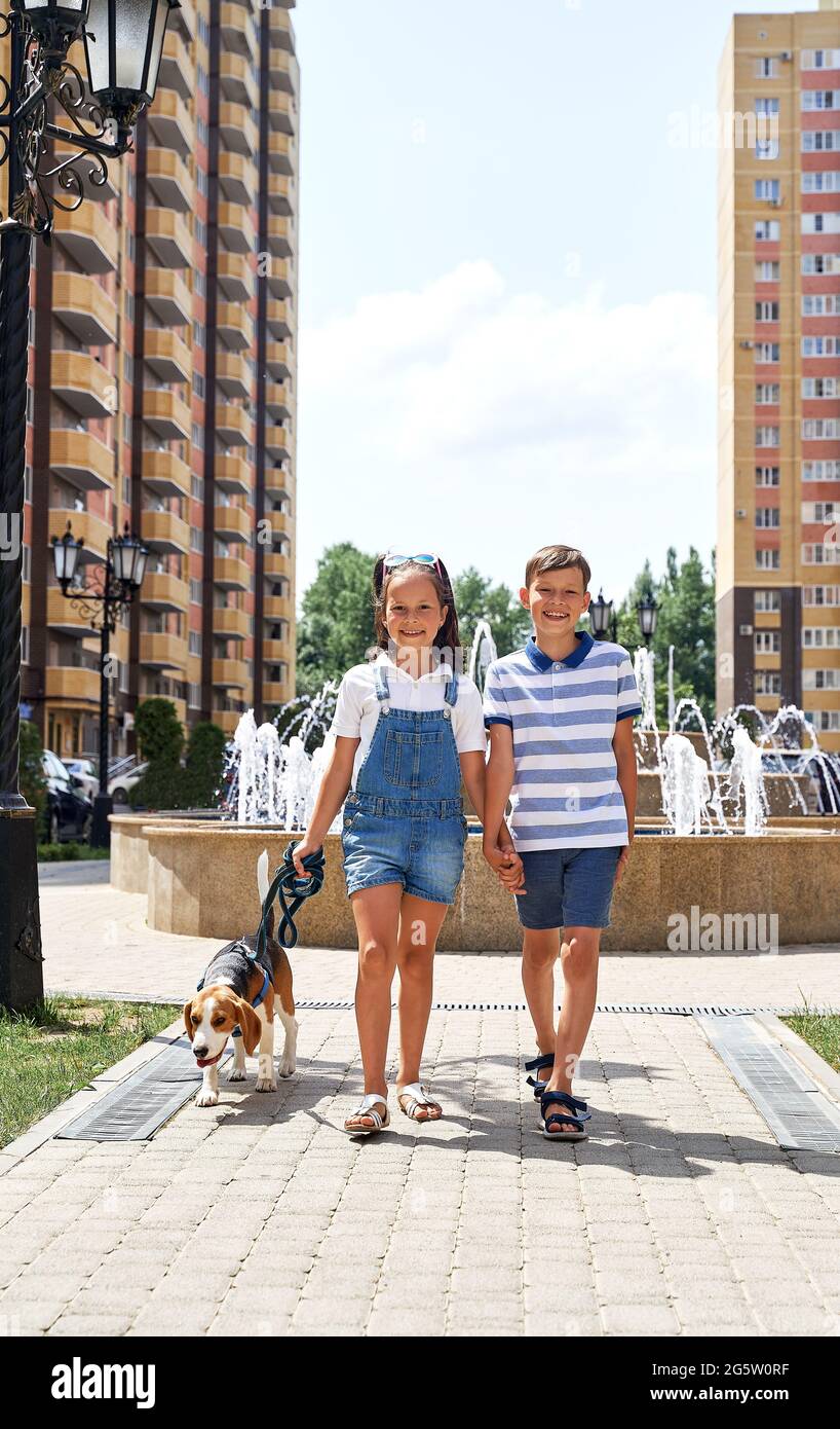 Ein kleines Mädchen und ein Junge gehen mit einem Hund. Sommer. Hitze. Urlaub Stockfoto