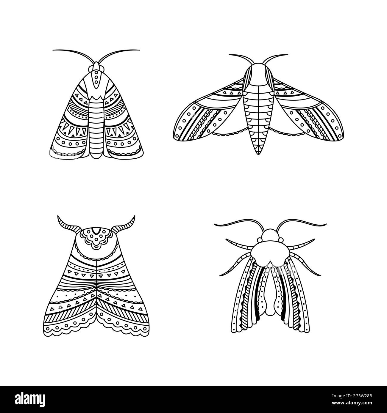 Set von Motten im Boho-Stil. Geometrische Darstellung der Stammesstruktur. Stock Vektor