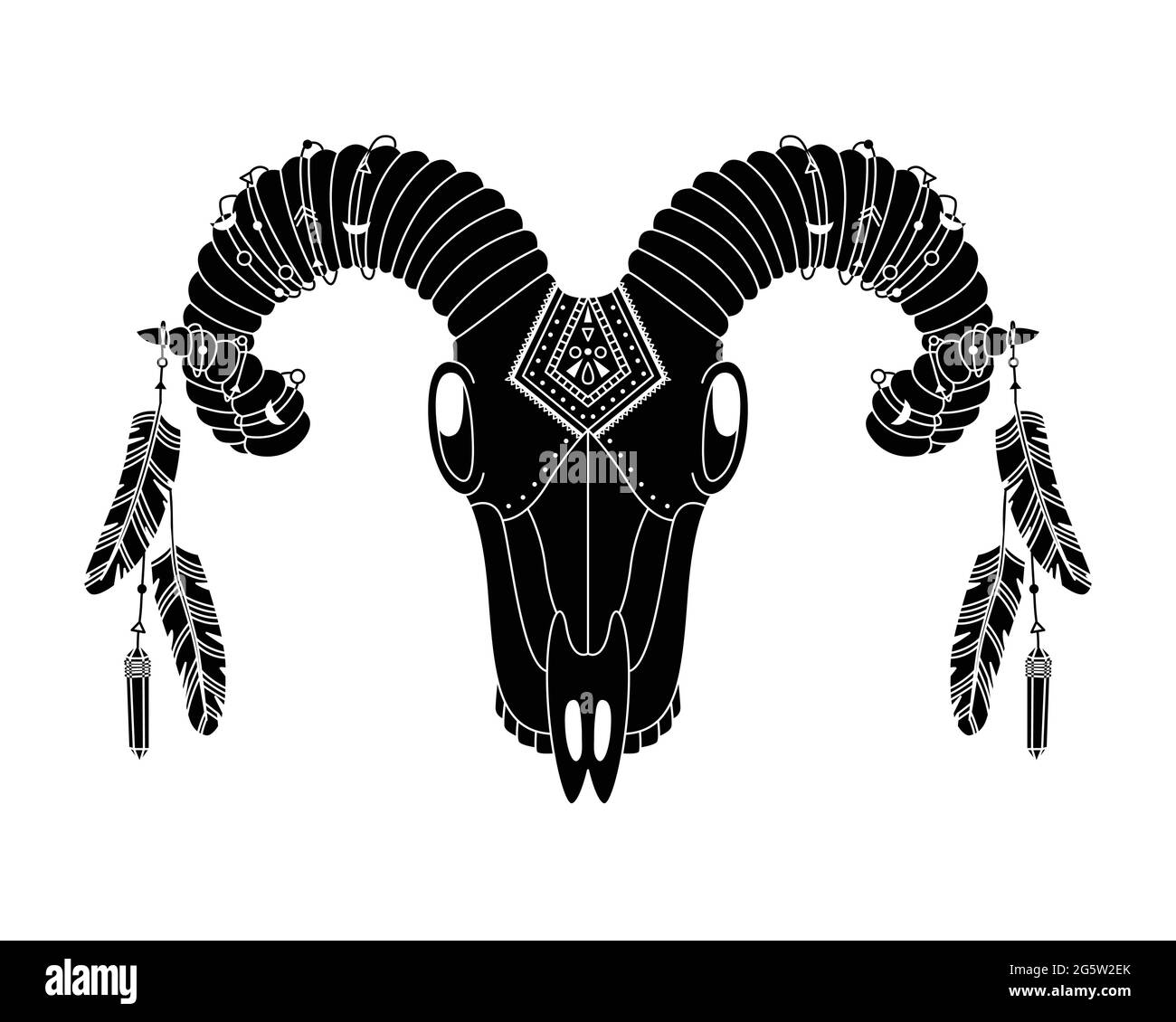 Tierschädel im Boho-Stil mit geometrischen Ornamenten und Vogelfedern. Tribal-Illustration im einfachen Stil. Stock Vektor