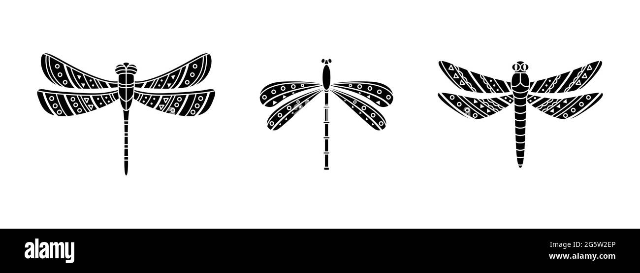 Set von Libellen im Boho-Stil. Geometrische Tribal Illustration in einem einfachen Stil. Stock Vektor